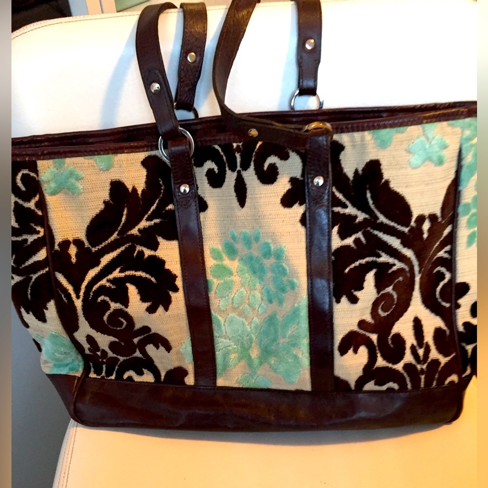 Glenda Gies tote shoulder bag purse brocade floral vintage look chenille leather